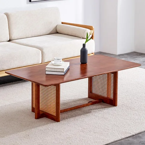 Vista 10 de Mesa de centro de madera de mediados de siglo con soporte de ratán de polietileno, mesa de café redonda de madera maciza de 33.45 pulgadas, mesa