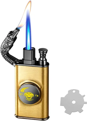 Vista 8 de Encendedor de antorcha, diseño de cocodrilo en relieve, encendedor mágico de doble llama con herramienta de llama de ajuste, encendedores de butano