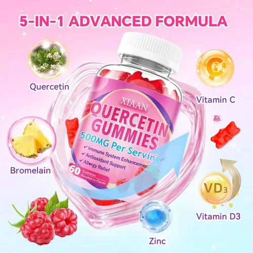 Vista 3 de Gomitas de quercetina de 500 mg para niños y adultos, suplementos de quercetina orgánica con bromelina, zinc, vitamina C y D3, antioxidante y salud