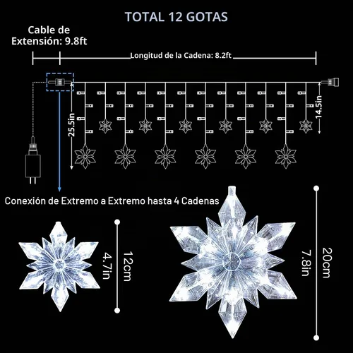 Vista 6 de Luces Navideñas de Copo de Nieve para Exteriores, 8.2 pies, 144 LED Luces de Cadena Navideñas Conectables con Enchufe, Luces Colgantes de Carámbano
