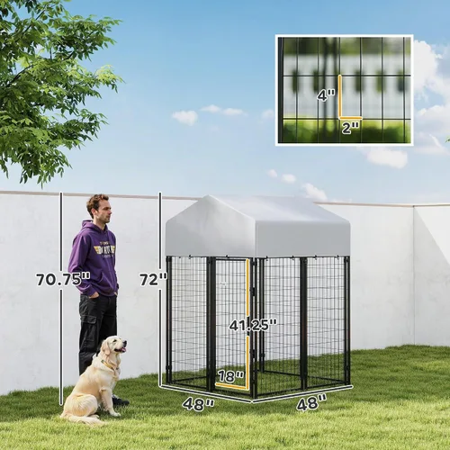 Vista 7 de PawHut Perrera para Perros al Aire Libre con Techo, 4' x 4' x 6' Recinto de Juegos para Perros de Alambre Soldado Resistente con Cerradura a Prueba
