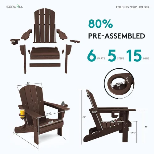 Vista 7 de SERWALL Silla Adirondack con portavasos, sillas Adirondack compuestas de polietileno de alta densidad para exteriores, para todo tipo de clima Café