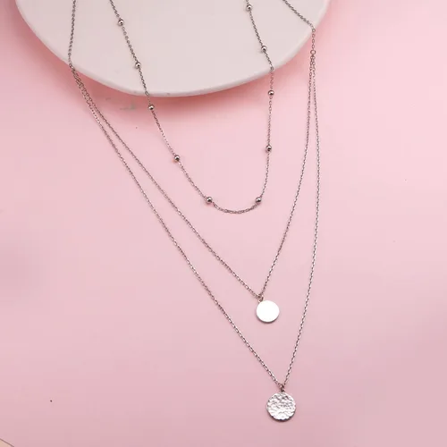 Vista 6 de FLYOW Collar en capas de plata de ley S925, collar multicapa de triple cadena larga, delicado collar con colgante para mujer