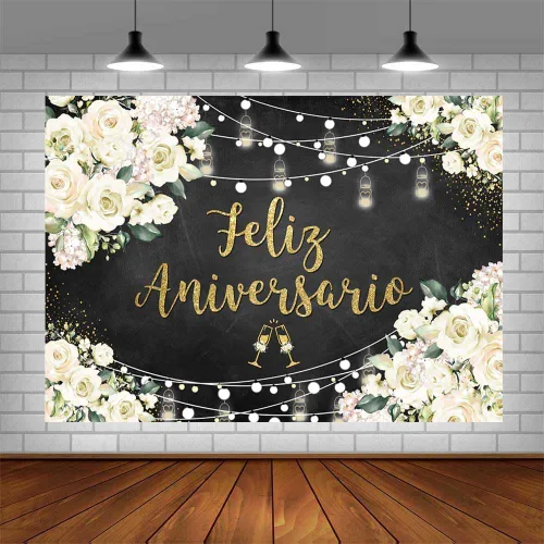 Vista 4 de AIBIIN Telón de fondo de feliz aniversario de 8 x 6 pies con temática mexicana, decoraciones de feliz aniversario, flores blancas, fondo