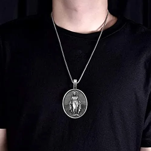 Vista 8 de Collar de la Virgen María para las mujeres y los hombres cristianos joyería oval cruz Medalla exquisito colgante 236in cadena de acero inoxidable
