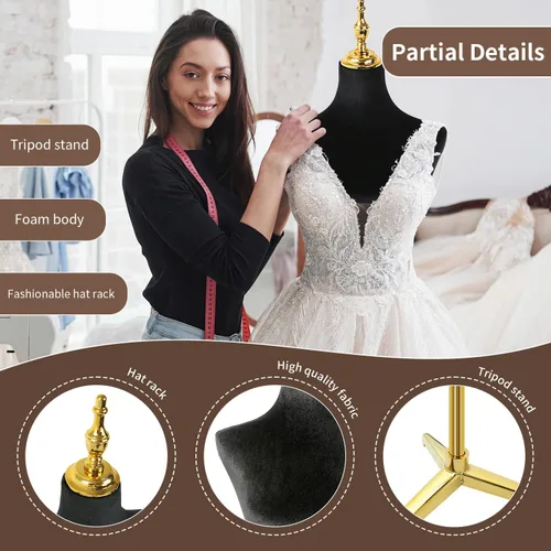 Vista 11 de Modista maniquí femenino: torso de medio cuerpo con altura ajustable, terciopelo corto negro esponjoso, base de metal dorado