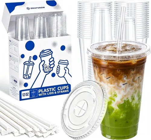Vista 11 de 100 unidades de vasos de plástico transparente de 16 onzas con tapas y pajitas, caja dispensadora organizada, vasos desechables resistentes