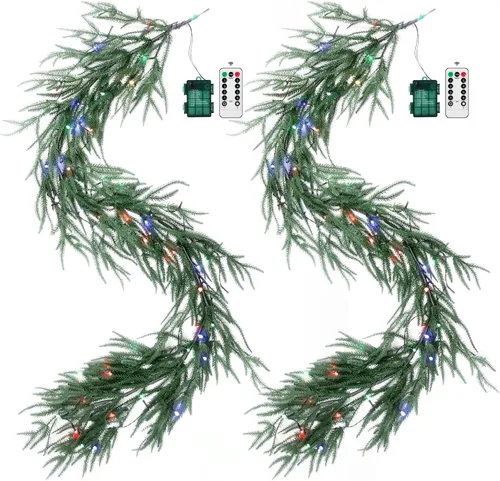 Vista 8 de Guirnalda de Navidad de pino Norfolk preiluminada de 6 pies con luces LED y control remoto – Guirnalda iluminada a pilas para repisa de chimenea