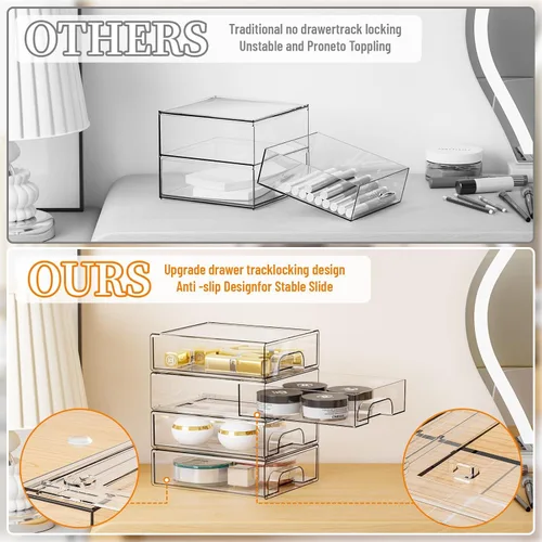 Vista 5 de Yieach Cajones de almacenamiento apilables transparentes de 2.2 pulgadas de alto, paquete de 4 cubos de organización y almacenamiento, organizador