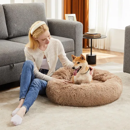 Vista 6 de DUMOS Cama redonda de felpa de piel sintética mullida para perros grandes, lavable a máquina, de 30.7 x 30.7 pulgadas, cama redonda antideslizante
