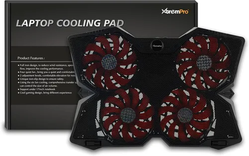 Vista 6 de Enfriador portátil de malla metálica para laptop, 4 ventiladores silenciosos con luz LED roja, altura ajustable, portátil de hasta 17 pulgadas, 2