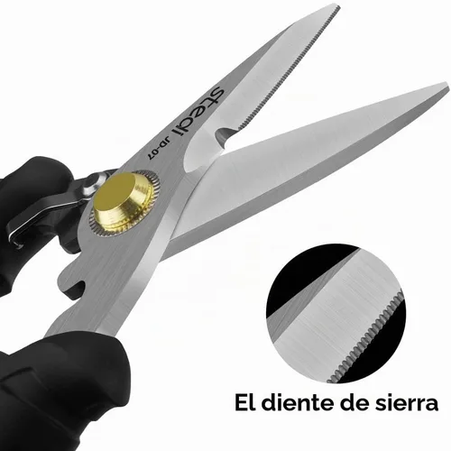 Vista 3 de stedi Tijeras resistentes, multiusos, con cuchillas de acero inoxidable de alto carbono finamente dentadas, muesca de cable eléctrico de fácil