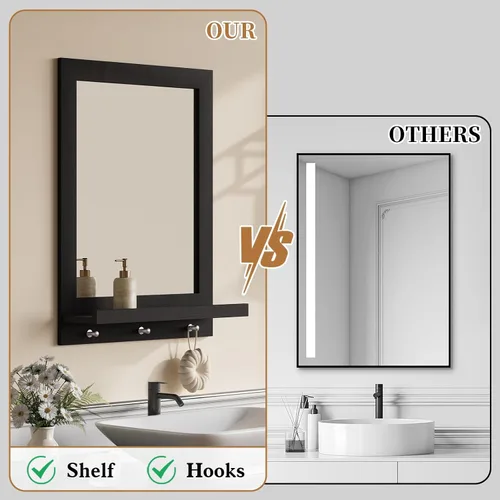 Vista 3 de ARTPOWER Espejo de pared de madera de 24 x 18.5 pulgadas con estante, espejo rectangular de pasillo con ganchos, espejos de pared colgantes