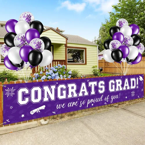 Vista 13 de Cartel de graduación de 37 piezas para decoración de globos de clase de 2026, pancarta de felicitaciones graduadas para decoración al aire libre