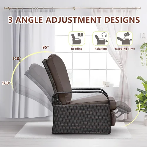 Vista 3 de Babylon Sillón reclinable de mimbre para exteriores, silla reclinable ajustable para patio con cojines de 14 cm de grosor y otomana, resistente a