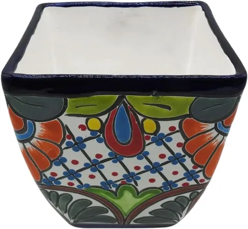 Vista 2 de Maceta cuadrada grande pintada a mano para interiores y exteriores, figura multicolor (Talavera)