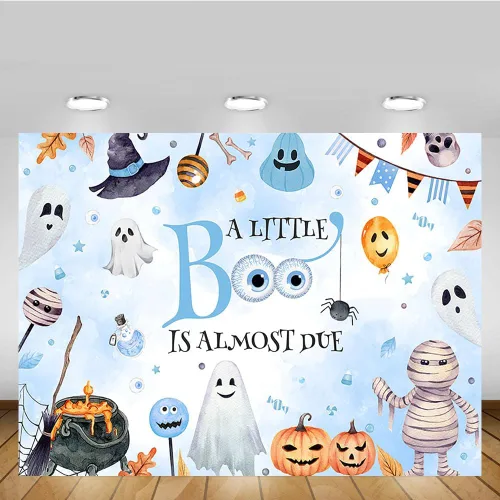 Vista 5 de MEHOFOND Telón de fondo de Halloween de 7 x 5 pies con texto en inglés "A Little Boo is Almost Due Pumpkin Photography Background Blue Watercolor