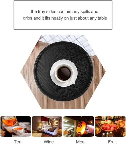 Vista 2 de Bandeja de té de madera negra, forma redonda, té de madera maciza, café, aperitivos, comidas, bandeja para servir platos platos bandejas