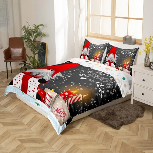Vista 6 de Erosebridal Juego de ropa de cama de Navidad escandinavos gnomos de Papá Noel, funda de edredón de Papá Noel nevando para niños y niñas, funda