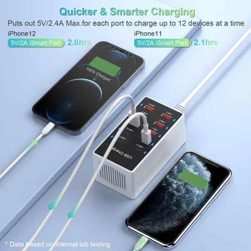 Vista 3 de Estación de carga USB C, cargador de pared para teléfono celular, 10 puertos USBC de carga rápida, cubo de alimentación 4 USB C 6 USB A, bloque