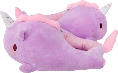 Vista 2 de SMOKO Pantuflas de unicornio iluminadas, calentadores de pies de felpa con mejillas LED, bonito estilo kawaii, Morado, talla única