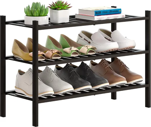 Vista 8 de Zapatero de bambú apilable para zapatos, organizador de almacenamiento para unidad, entrada, pasillo y armario, estante resistente independiente