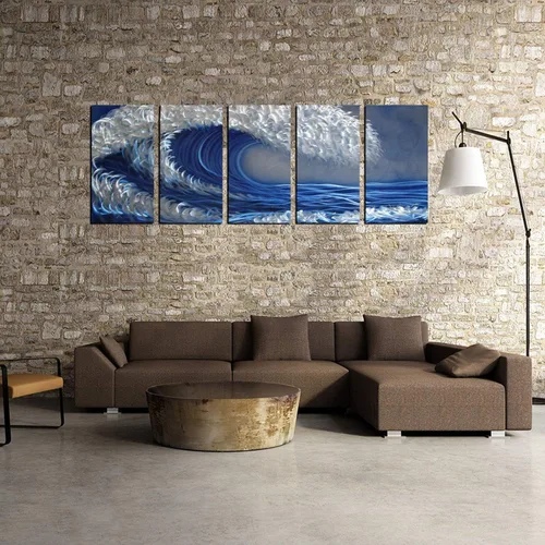 Vista 4 de Arte de pared de metal oceánico, arte abstracto de metal hecho a mano, arte de pared azul y plateado a gran escala, pintura de aluminio 3D única