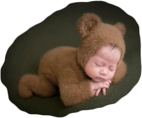 Vista 8 de Zeroest Accesorios de fotografía para recién nacidos, trajes de niño, accesorios para fotos de oso y niña, gorro con pies, mameluco de manga