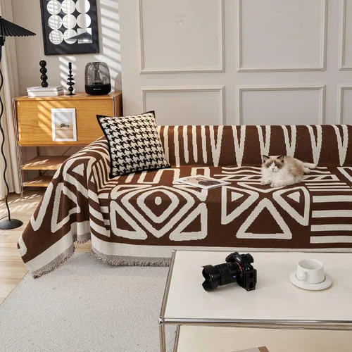 Vista 47 de VClife Funda bohemia de felpilla para sofá, apta para mascotas, gruesa, beige, crema, blanco, a cuadros, triangular, con borlas, agradable a