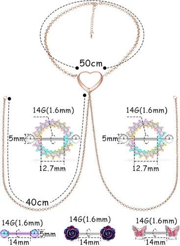 Vista 2 de Pexveiuu - 16 anillos para pezón, cadena y ombligo para mujer, acero quirúrgico, pezón, ombligo, barernas, piercing de barra, Metal, circonita cúbica