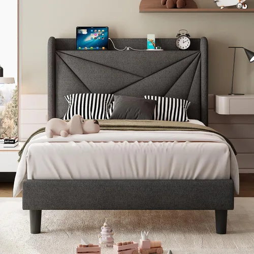 Vista 11 de iPormis Base de cama tamaño Queen con estación de carga, marco de cama de plataforma de lino con cabecera tapizada con respaldo de ala, soporte