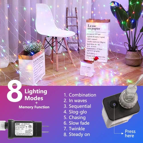 Vista 2 de LYHOPE 12 x 1,5 m, 360 luces LED en red de Navidad, 8 modos de bajo voltaje, luces decorativas en malla de Navidad para árboles de Navidad Varios