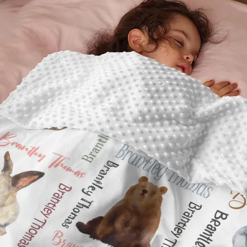 Vista 3 de Manta de bebé personalizada con nombre, manta de felpa de doble capa con respaldo punteado, manta de bebé niño recién nacido, suave animales