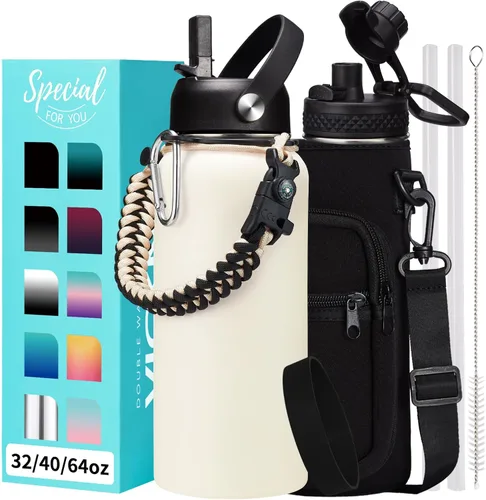 Vista 34 de Botellas de agua de 32 onzas aisladas con pajita y tapa para beber de un sorbo, asa de paracord, bolsa de transporte con correa, termo de triple