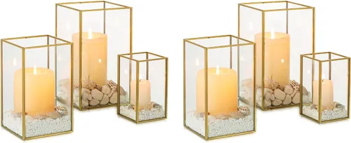 Vista 14 de NUPTIO Portavelas de Cristal Hurricane: 3 Piezas Linternas Negras Geométricas Portavelas de Velas de Pilar Linterna Decorativa Centro de Mesa