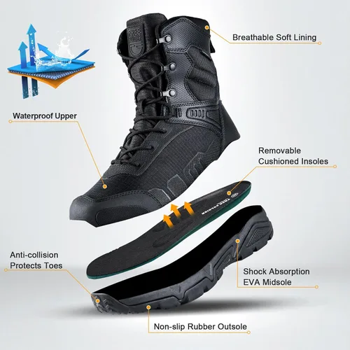 Vista 4 de FREE SOLDIER Botas tácticas militares para hombre, impermeables, botas de trabajo para senderismo, botas de combate duraderas
