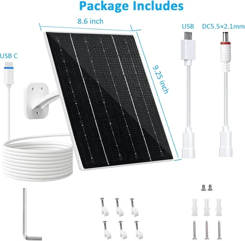 Vista 7 de FUTUREZEN Panel Solar para Cámara de Seguridad, Cargador Solar de 10W con DC 5.5x2.1mm, Puerto USB-C y Micro USB, Resistente al Agua IP66, Montura