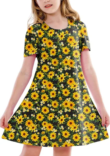 Vista 11 de Deerose Kids Summer Short Sleeve Dresses Hawaiian Tshirt Sundress 3-14 Years Coconut trees