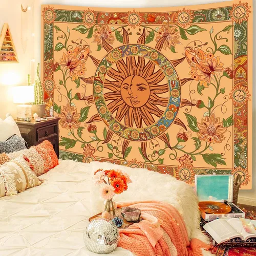 Vista 4 de Tapiz amarillo con sol y luna, vintage, bohemio, para colgar en la pared con girasoles, mariposa, polilla, constelación, tapices de pared