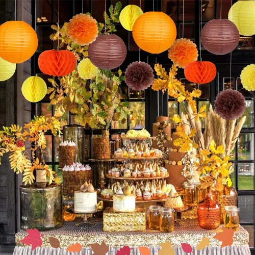 Vista 6 de Kit de suministros de decoración de fiesta de Acción de Gracias, farol de papel colgante, bola de panal, pompones, flores, calabazas, guirnalda