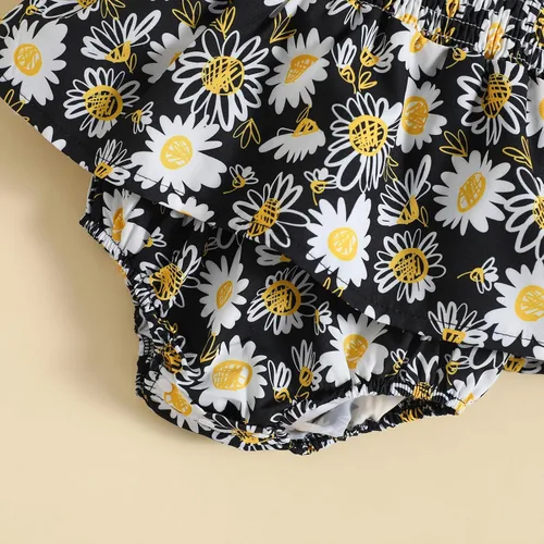 Vista 4 de Ropa para bebé recién nacida, estilo bohemio, floral, sin mangas, con lazo, con volantes y diadema