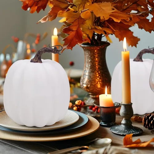 Vista 7 de Gresorth Calabazas artificiales realistas falsas de espuma blanca para Halloween, Acción de Gracias, otoño, fiesta en casa, exhibición -1 unidad