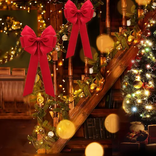 Vista 5 de Iceyyyy 2 lazos grandes de Navidad, 35.4 x 17.1 pulgadas, lazos de terciopelo rojo con bordes dorados, adornos para decoración de árbol de Navidad