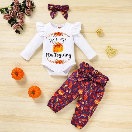 Vista 2 de Viworld Ropa de Halloween para niña recién nacida, mameluco con letras + pantalones de calabaza florales + diadema trajes de Acción de Gracias