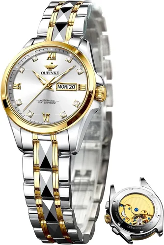 Vista 15 de OLEVS Reloj automático para mujer, color azul, dos tonos, fecha, reloj mecánico, calendario, reloj de pulsera impermeable con diamantes
