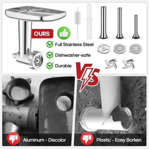 Vista 2 de Accesorios de acero inoxidable para molinillo de alimentos para batidoras de pie KitchenAid, incluyendo relleno de salchichas, acero inoxidable