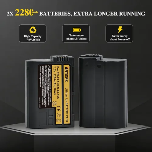 Vista 3 de Batmax 2 baterías EN-EL15C EN-EL15C de 2280 mAh + cargador USB LED con puerto tipo C para Nikon EN-EL15A EL15b Z5, Z6, Z8, Z6 II, Z7II, D780, D850