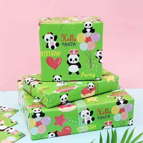 Vista 7 de Juego de 6 hojas de papel de regalo de panda de feliz cumpleaños, plegado plano de 20 x 28 pulgadas por hoja para niños, niñas, niños y mujeres
