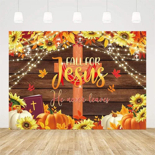 Vista 2 de AIBIIN Fondo de otoño de 7 x 5 pies, decoración de fiesta de Acción de Gracias, religión cristiana, fondo de poliéster, pancarta de calabaza