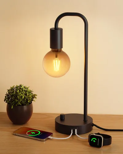 Vista 9 de ONEWISH Lámpara de mesa industrial para dormitorio, lámparas de noche modernas totalmente regulables con bombilla de luz cálida de 2700K
